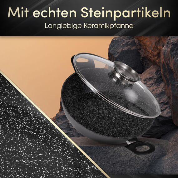 STONELINE Ceramic Servierpfanne 28 cm Hoher Rand Keramikpfanne Induktion Antihaft Pfanne mit Deckel, Keramikbeschichtung mit echten Steinpartikeln, PFAS frei, Für alle Herdarten, Backofengeeignet