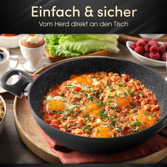 STONELINE Ceramic Servierpfanne 28 cm Hoher Rand Keramikpfanne Induktion Antihaft Pfanne mit Deckel, Keramikbeschichtung mit echten Steinpartikeln, PFAS frei, Für alle Herdarten, Backofengeeignet