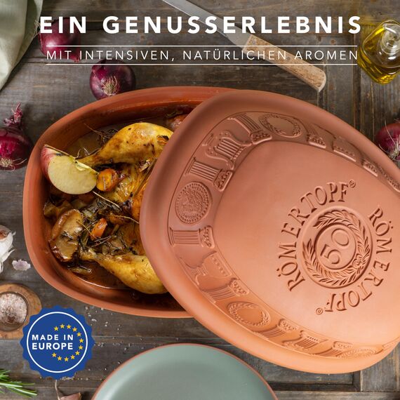 Römertopf Bräter 50 Jahre JUBILÄUM Terrakotta für 6-8 Personen - 5 Liter Schmortopf mit Deckel aus Keramik - Zum Schmoren, Braten und Dampfgaren - Backofengeeignet