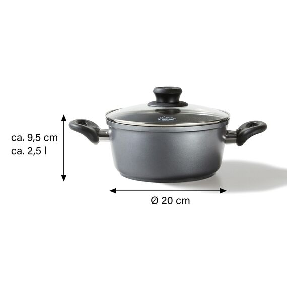 STONELINE Aluguss Kochtopf 20 cm, Topf mit Deckel 2,6 L, Antihaft beschichtet mit echten Steinpartikeln, Kochtopf Induktion 20 cm, für alle Herdarten, Backofen, Kochen ohne Fett oder Öl, Grau