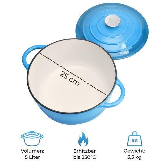 KLAMER Gusseisen Bräter 5 L, Gusseisen-Topf 25 cm backofengeeignet, Emaille Schmortopf mit Deckel, Perfekt zum Braten, Schmoren und Brot backen, mit digitalem Rezeptbuch