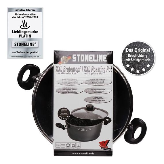 STONELINE XXL Aluguss Kochtopf 28 cm, Großer Topf mit Deckel 7 L, Antihaft beschichtet mit echten Steinpartikeln, Kochtopf Induktion 28 cm, für alle Herdarten, Backofen, Kochen ohne Fett oder Öl, Grau