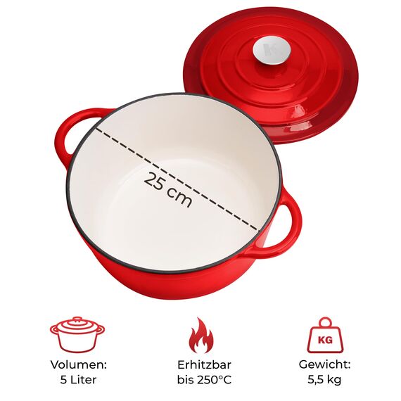 KLAMER Gusseisen Bräter 5 L, Gusseisen-Topf 25 cm backofengeeignet, Emaille Schmortopf mit Deckel, Perfekt zum Braten, Schmoren und Brot backen, mit digitalem Rezeptbuch