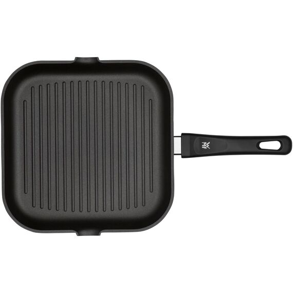 WMF Grillpfanne 27 x 27 cm mit Ausguss, Steakpfanne gerillt, nicht induktionsgeeignet, Aluminium beschichtet, Grill Pfanne ideal zum knusprigen Braten, eckige Pfanne, Kunststoffgriff mit Flammschutz