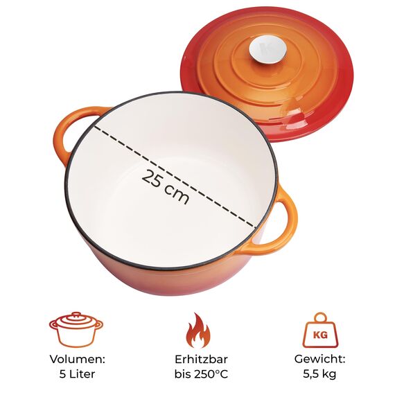 KLAMER Gusseisen Bräter 5 L, Gusseisen-Topf 25 cm backofengeeignet, Emaille Schmortopf mit Deckel, Perfekt zum Braten, Schmoren und Brot backen, mit digitalem Rezeptbuch