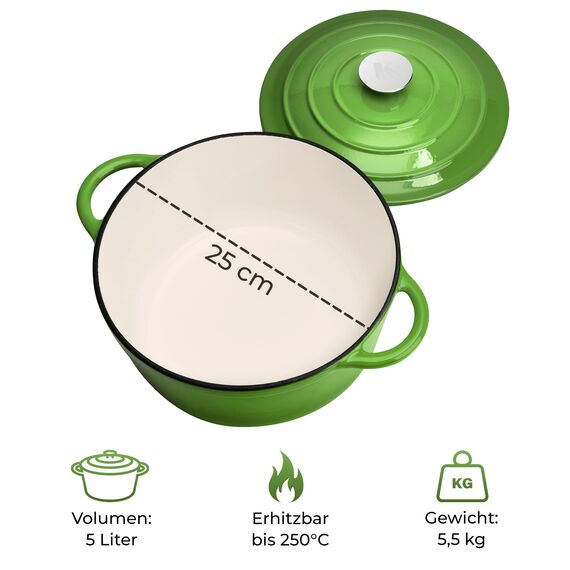 KLAMER Gusseisen Bräter 5 L, Gusseisen-Topf 25 cm backofengeeignet, Emaille Schmortopf mit Deckel, Perfekt zum Braten, Schmoren und Brot backen, mit digitalem Rezeptbuch
