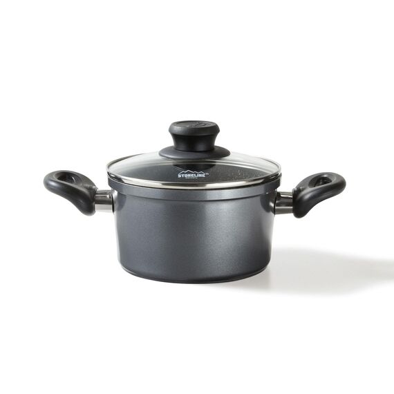 STONELINE Aluguss Kochtopf 18 cm, Kleiner Topf mit Deckel 2 L, Antihaft beschichtet mit echten Steinpartikeln, Kochtopf Induktion 18 cm, für alle Herdarten, Backofen, Kochen ohne Fett oder Öl, Grau