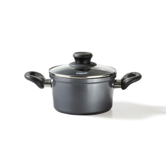 STONELINE Aluguss Kochtopf 16 cm, Kleiner Topf mit Deckel 1,6 L, Antihaft beschichtet mit echten Steinpartikeln, Kochtopf Induktion 16 cm, für alle Herdarten, Backofen, Kochen ohne Fett oder Öl, Grau