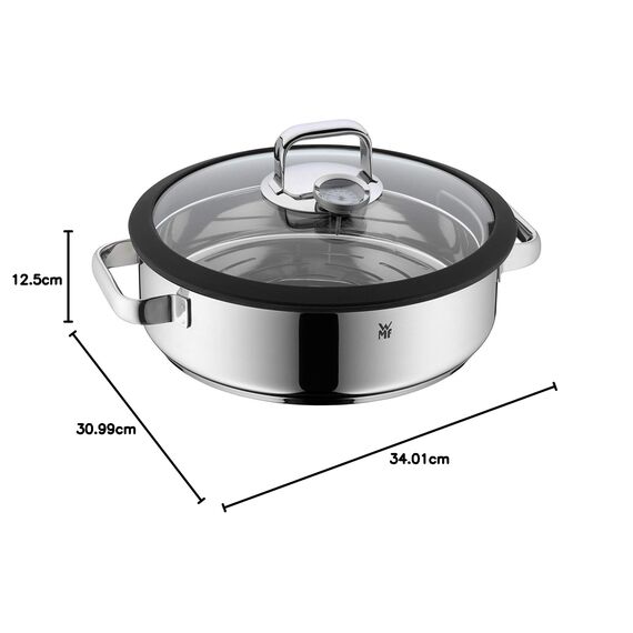 WMF Vitalis Aroma Dampfgarer 28 cm, Dampfgarer Topf, Bräter rund 5,0l, Dampfgartopf, Glasdeckel mit Silikonrand, Garthermometer, Garblech, Cromargan Edelstahl unbeschichtet, backofenfest