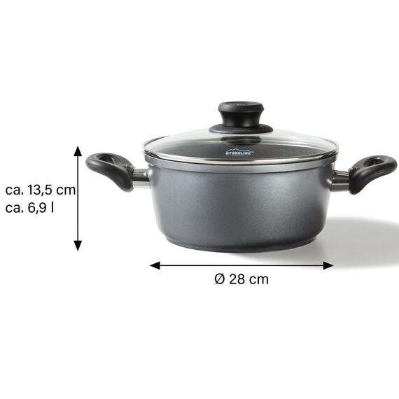 STONELINE XXL Aluguss Kochtopf 28 cm, Großer Topf mit Deckel 7 L, Antihaft beschichtet mit echten Steinpartikeln, Kochtopf Induktion 28 cm, für alle Herdarten, Backofen, Kochen ohne Fett oder Öl, Grau