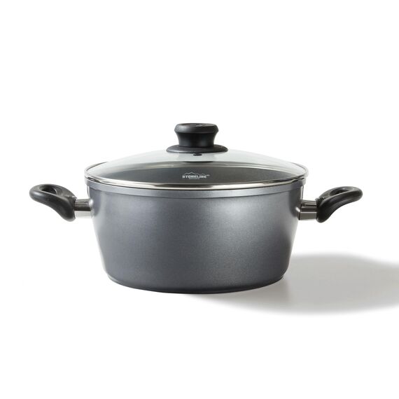 STONELINE XXL Aluguss Kochtopf 28 cm, Großer Topf mit Deckel 7 L, Antihaft beschichtet mit echten Steinpartikeln, Kochtopf Induktion 28 cm, für alle Herdarten, Backofen, Kochen ohne Fett oder Öl, Grau