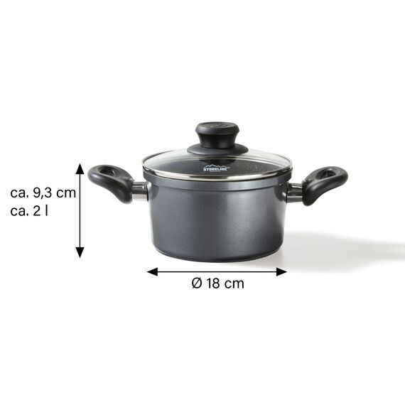 STONELINE Aluguss Kochtopf 18 cm, Kleiner Topf mit Deckel 2 L, Antihaft beschichtet mit echten Steinpartikeln, Kochtopf Induktion 18 cm, für alle Herdarten, Backofen, Kochen ohne Fett oder Öl, Grau