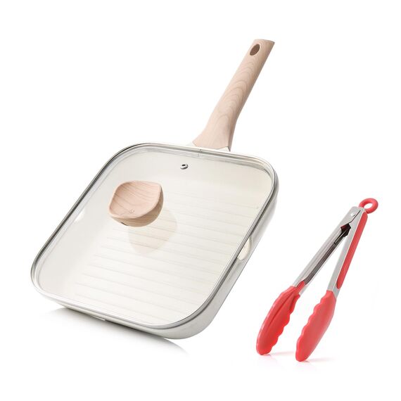 Kordisen Grillpfanne Induktion 24 cm mit Deckel – Grillpfanne mit Ausguss & Steakpfanne quadratisch, gesunde Antihaftbeschichtung, für alle Herdarten, PFOA-frei, Weiß