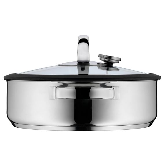 WMF Vitalis Aroma Dampfgarer 28 cm, Dampfgarer Topf, Bräter rund 5,0l, Dampfgartopf, Glasdeckel mit Silikonrand, Garthermometer, Garblech, Cromargan Edelstahl unbeschichtet, backofenfest