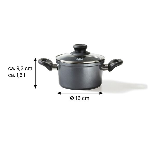STONELINE Aluguss Kochtopf 16 cm, Kleiner Topf mit Deckel 1,6 L, Antihaft beschichtet mit echten Steinpartikeln, Kochtopf Induktion 16 cm, für alle Herdarten, Backofen, Kochen ohne Fett oder Öl, Grau