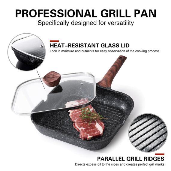 Kordisen Grillpfanne Induktion 28 cm mit Deckel – Grillpfanne mit Ausguss & Steakpfanne quadratisch, Granit Antihaftbeschichtung, für alle Herdarten, PFOA-frei