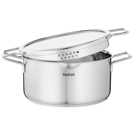 Tefal H85244 Nordica Kochtopf 20 cm mit Glasdeckel (Doppelgriffe, Edelstahl-Topf, alle Herdarten, induktionsgeeignet, robuster Boden) Edelstahl