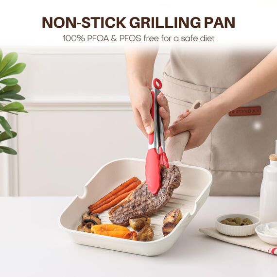 Kordisen Grillpfanne Induktion 24 cm mit Deckel – Grillpfanne mit Ausguss & Steakpfanne quadratisch, gesunde Antihaftbeschichtung, für alle Herdarten, PFOA-frei, Weiß