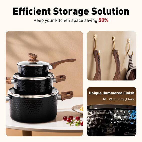 DishDelight Induktion Töpfe Set Topf und Pfannenset 12-teilige Granit Schwarz Topfset Induktion Kochtopf Pfanne mit Deckel Bratpfanne