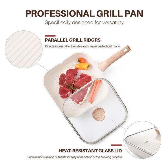 Kordisen Grillpfanne Induktion 24 cm mit Deckel – Grillpfanne mit Ausguss & Steakpfanne quadratisch, gesunde Antihaftbeschichtung, für alle Herdarten, PFOA-frei, Weiß
