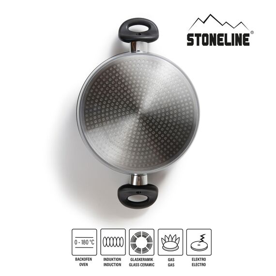 STONELINE Aluguss Kochtopf 16 cm, Kleiner Topf mit Deckel 1,6 L, Antihaft beschichtet mit echten Steinpartikeln, Kochtopf Induktion 16 cm, für alle Herdarten, Backofen, Kochen ohne Fett oder Öl, Grau
