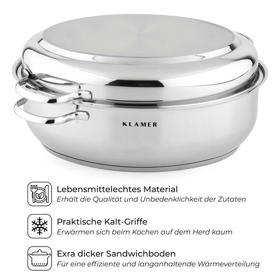 KLAMER Bräter mit zwei Deckeln 41 cm, backofengeeignet, 8,5L XXL Bräter mit Deckel, mit 4L Deckelpfanne, extra Glasdeckel, für alle Herdarten inkl. Induktion, Edelstahl