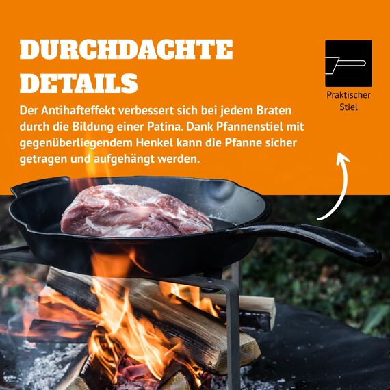 Petromax Feuerpfanne mit Stiel - Pfanne aus Gusseisen für alle Grill- und Herdarten, Gasflamme, Backofen oder Kochen im Freien - Anbraten, Schmoren und Rösten mit Antihafteffekt - 35 cm Durchmesser