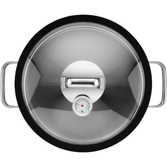 WMF Vitalis Aroma Dampfgarer 28 cm, Dampfgarer Topf, Bräter rund 5,0l, Dampfgartopf, Glasdeckel mit Silikonrand, Garthermometer, Garblech, Cromargan Edelstahl unbeschichtet, backofenfest