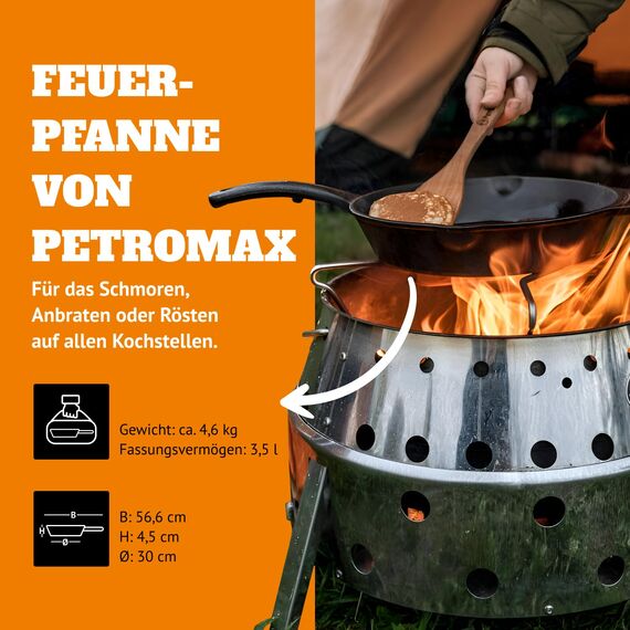 Petromax Feuerpfanne mit Stiel - Pfanne aus Gusseisen für alle Grill- und Herdarten, Gasflamme, Backofen oder Kochen im Freien - Anbraten, Schmoren und Rösten mit Antihafteffekt - 35 cm Durchmesser
