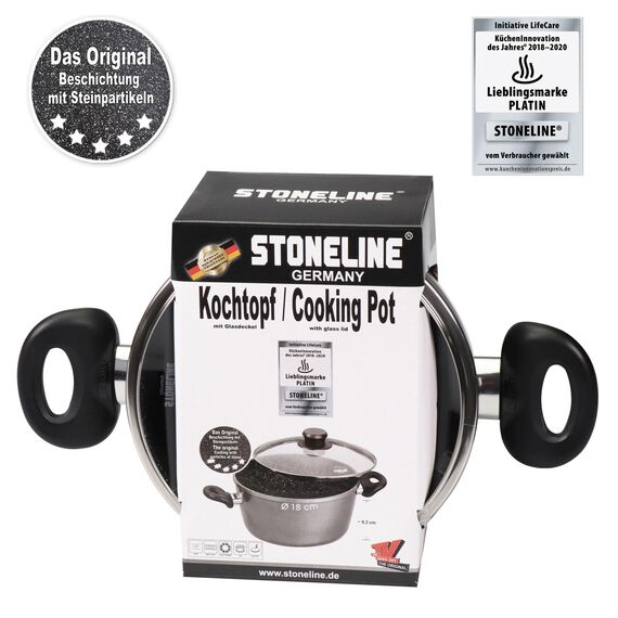 STONELINE Aluguss Kochtopf 18 cm, Kleiner Topf mit Deckel 2 L, Antihaft beschichtet mit echten Steinpartikeln, Kochtopf Induktion 18 cm, für alle Herdarten, Backofen, Kochen ohne Fett oder Öl, Grau