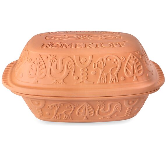 Römertopf Bräter Klassiker aus Naturton, Dampfgarer 4 Liter für bis zu 6 Personen, Keramik-Schmortopf für Backofen & Mikrowelle, Unterteil glasiert, fettarmes Garen, spülmaschinengeeignet