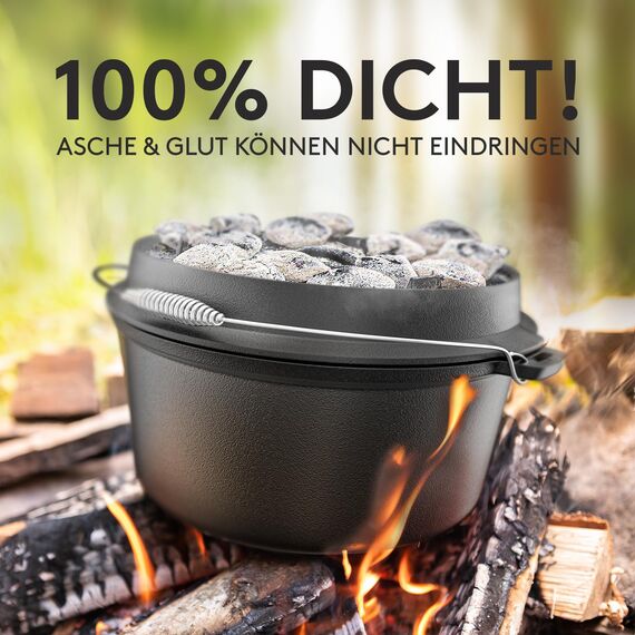 BBQ Dutch Oven [Das Original] - 7,4 Liter Dutch Oven Set mit Topfständer & 1,8 Liter Deckel mit Doppelfunktion zusätzlich als Grillpfanne nutzbar – inkl. Deckelheber und E-Book