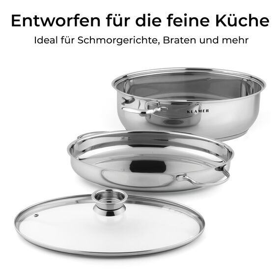 KLAMER Bräter mit zwei Deckeln 41 cm, backofengeeignet, 8,5L XXL Bräter mit Deckel, mit 4L Deckelpfanne, extra Glasdeckel, für alle Herdarten inkl. Induktion, Edelstahl