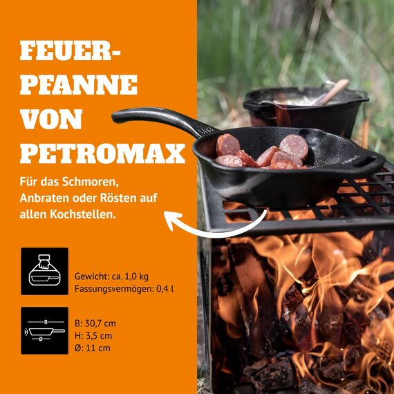 Petromax Feuerpfanne mit Stiel - Pfanne aus Gusseisen für alle Grill- und Herdarten, Gasflamme, Backofen oder Kochen im Freien - Anbraten, Schmoren und Rösten mit Antihafteffekt - 40 cm Durchmesser