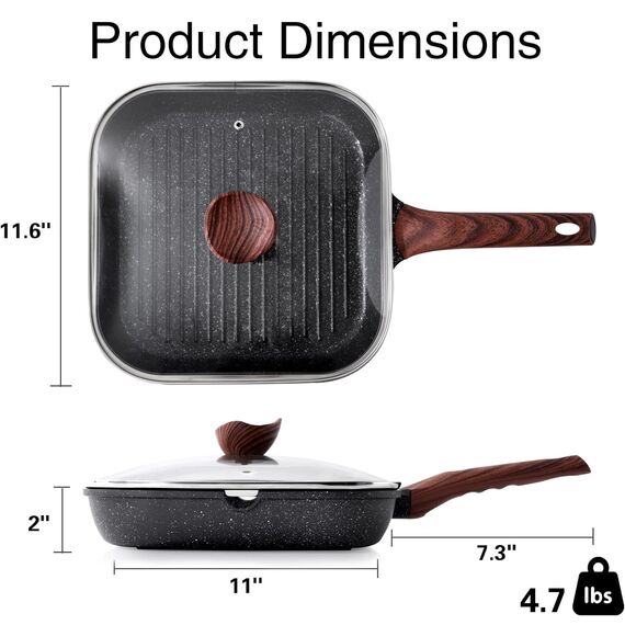 Kordisen Grillpfanne Induktion 28 cm mit Deckel – Grillpfanne mit Ausguss & Steakpfanne quadratisch, Granit Antihaftbeschichtung, für alle Herdarten, PFOA-frei
