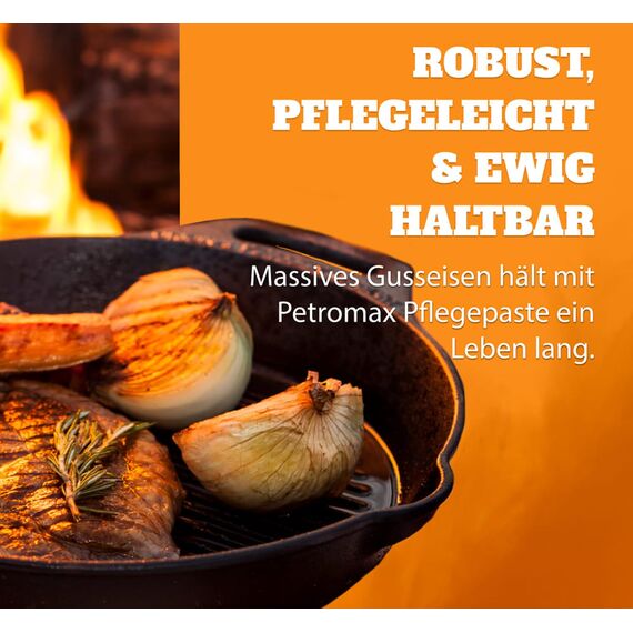 Petromax Feuerpfanne mit Stiel - Pfanne aus Gusseisen für alle Grill- und Herdarten, Gasflamme, Backofen oder Kochen im Freien - Anbraten, Schmoren und Rösten mit Antihafteffekt - 25 cm Durchmesser