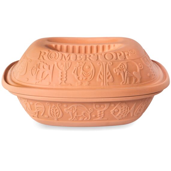 Römertopf Bräter Klassiker aus Naturton, Dampfgarer 3 Liter für bis zu 4 Personen, Keramik-Schmortopf für Backofen & Mikrowelle, Unterteil glasiert, fettarmes Garen, spülmaschinengeeignet