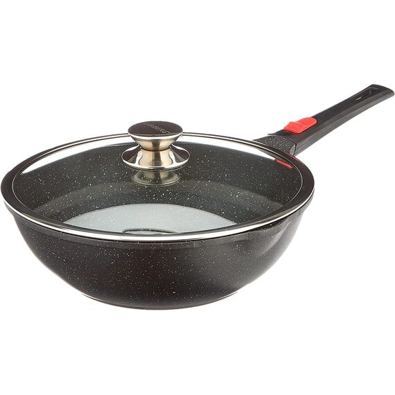 KAMBERG - Wok 28 cm - Manche Amovible - Fonte d'Aluminium - Revêtement pierre - Couvercle en Verre - Tous Feux dont Induction - Sans PFOA - 0008056