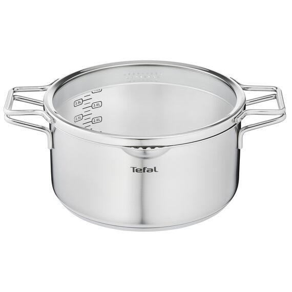 Tefal H85246 Nordica Kochtopf | 24 cm mit Glasdeckel | Doppelgriffe | Edelstahl-Topf | alle Herdarten | induktionsgeeignet | robuster Boden | Edelstahl