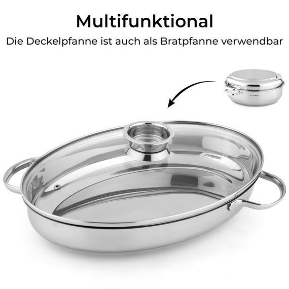 KLAMER Bräter mit zwei Deckeln 41 cm, backofengeeignet, 8,5L XXL Bräter mit Deckel, mit 4L Deckelpfanne, extra Glasdeckel, für alle Herdarten inkl. Induktion, Edelstahl