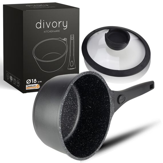 DIVORY Kasserolle 18cm abnehmbarer Griff - 2L Stielkasserolle mit Deckel - Stieltopf klein - Milchtopf beschichtet, abnehmbarer Stielgriff, Induktion, Spülmaschinen geeignet & Backofenfest, Schwarz