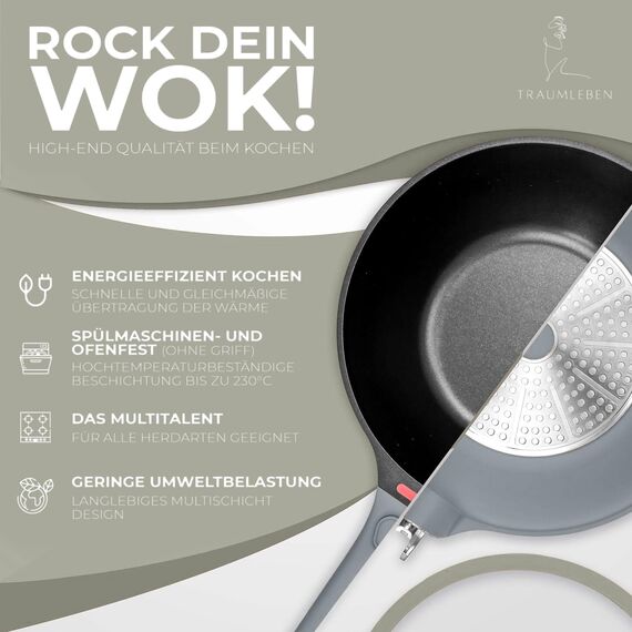 TRAUMLEBEN Wokpfanne mit Deckel 28 cm [abnehmbaren Griffe & Antihaftbeschichtung] PFOA-frei, für Induktion geeignet | backofenfest | hoher Rand | Beschichtete Wok Pfanne | Woks & Wokpfannen (grau)
