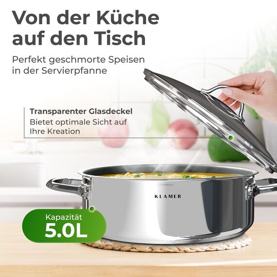 KLAMER Bräter mit 2 Deckeln + Servierpfanne 28 cm Set, Schmorpfanne mit Deckel 28cm Induktion, Edelstahl Schmortopf backofengeeignet, Schmorpfanne hoher Rand, Premium Beschichtung