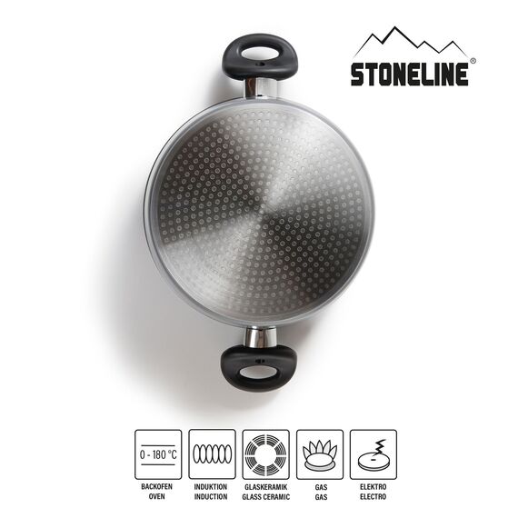 STONELINE Aluguss Kochtopf 20 cm, Topf mit Deckel 2,6 L, Antihaft beschichtet mit echten Steinpartikeln, Kochtopf Induktion 20 cm, für alle Herdarten, Backofen, Kochen ohne Fett oder Öl, Grau
