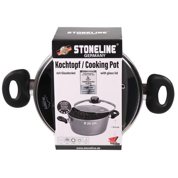 STONELINE Aluguss Kochtopf 20 cm, Topf mit Deckel 2,6 L, Antihaft beschichtet mit echten Steinpartikeln, Kochtopf Induktion 20 cm, für alle Herdarten, Backofen, Kochen ohne Fett oder Öl, Grau