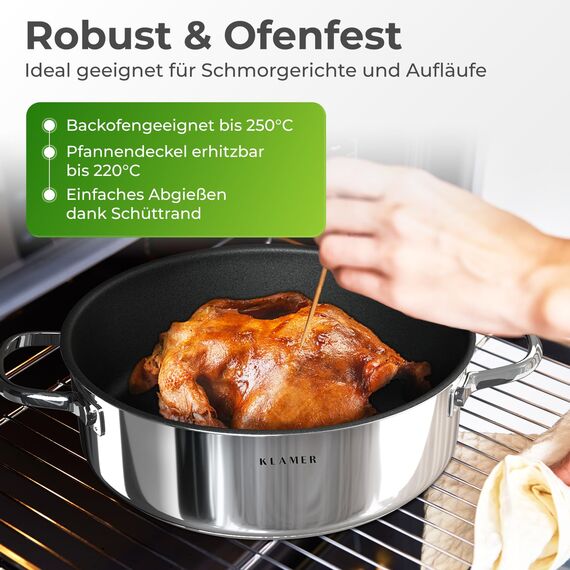 KLAMER Bräter mit 2 Deckeln + Servierpfanne 28 cm Set, Schmorpfanne mit Deckel 28cm Induktion, Edelstahl Schmortopf backofengeeignet, Schmorpfanne hoher Rand, Premium Beschichtung