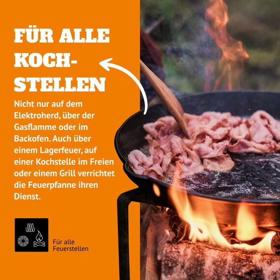 Petromax Feuerpfanne mit Stiel - Pfanne aus Gusseisen für alle Grill- und Herdarten, Gasflamme, Backofen oder Kochen im Freien - Anbraten, Schmoren und Rösten mit Antihafteffekt - 25 cm Durchmesser