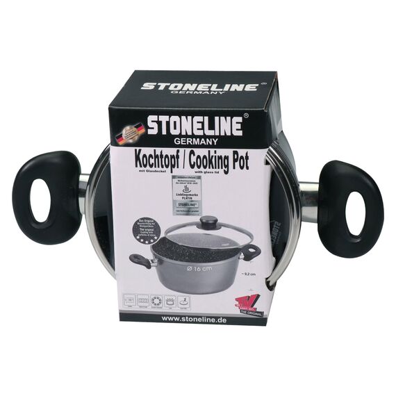 STONELINE Aluguss Kochtopf 16 cm, Kleiner Topf mit Deckel 1,6 L, Antihaft beschichtet mit echten Steinpartikeln, Kochtopf Induktion 16 cm, für alle Herdarten, Backofen, Kochen ohne Fett oder Öl, Grau
