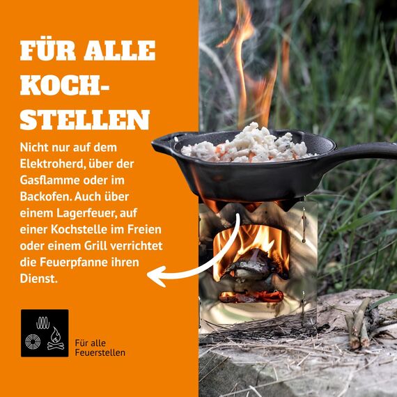 Petromax Feuerpfanne mit Stiel - Pfanne aus Gusseisen für alle Grill- und Herdarten, Gasflamme, Backofen oder Kochen im Freien - Anbraten, Schmoren und Rösten mit Antihafteffekt - 20 cm Durchmesser