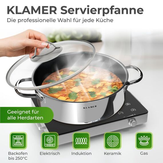 KLAMER Bräter mit 2 Deckeln + Servierpfanne 28 cm Set, Schmorpfanne mit Deckel 28cm Induktion, Edelstahl Schmortopf backofengeeignet, Schmorpfanne hoher Rand, Premium Beschichtung